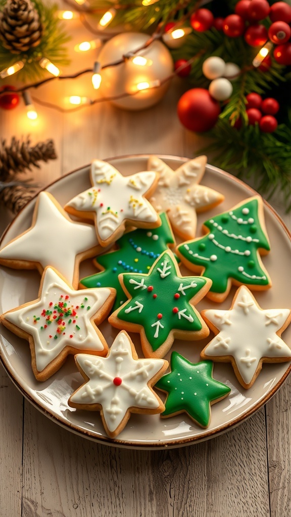 A plate of festive Christmas sugar cookies decorated with icing and sprinkles, surrounded by holiday decorations.